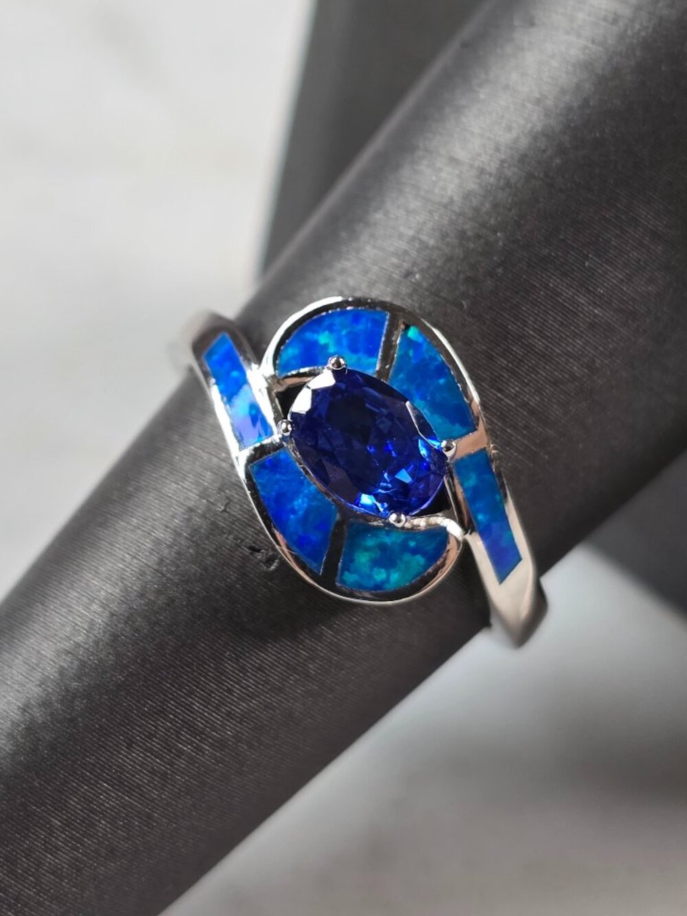 Womens Sterling Silver Blue Opal Tanzanite Ring 3.5g E4193